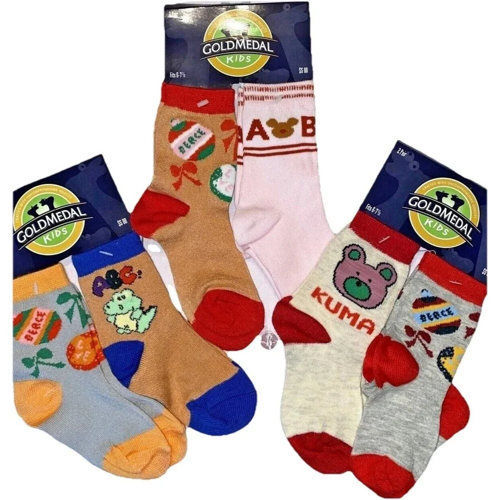 Vintage Gold Medal Kids Child Socks sz 5, 6, 7.5 animals Dinosaurs Teddy NWT